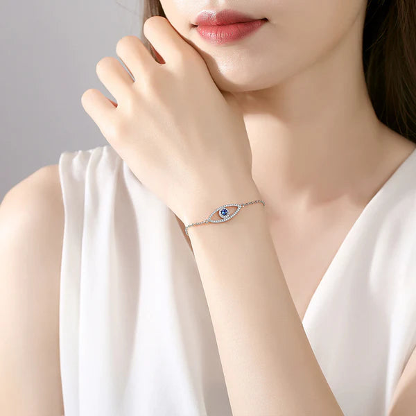 Blue Eye Bracelet for Women, Sterling Silver, Layered Design with Crystals and Diamonds, Delicate Gift